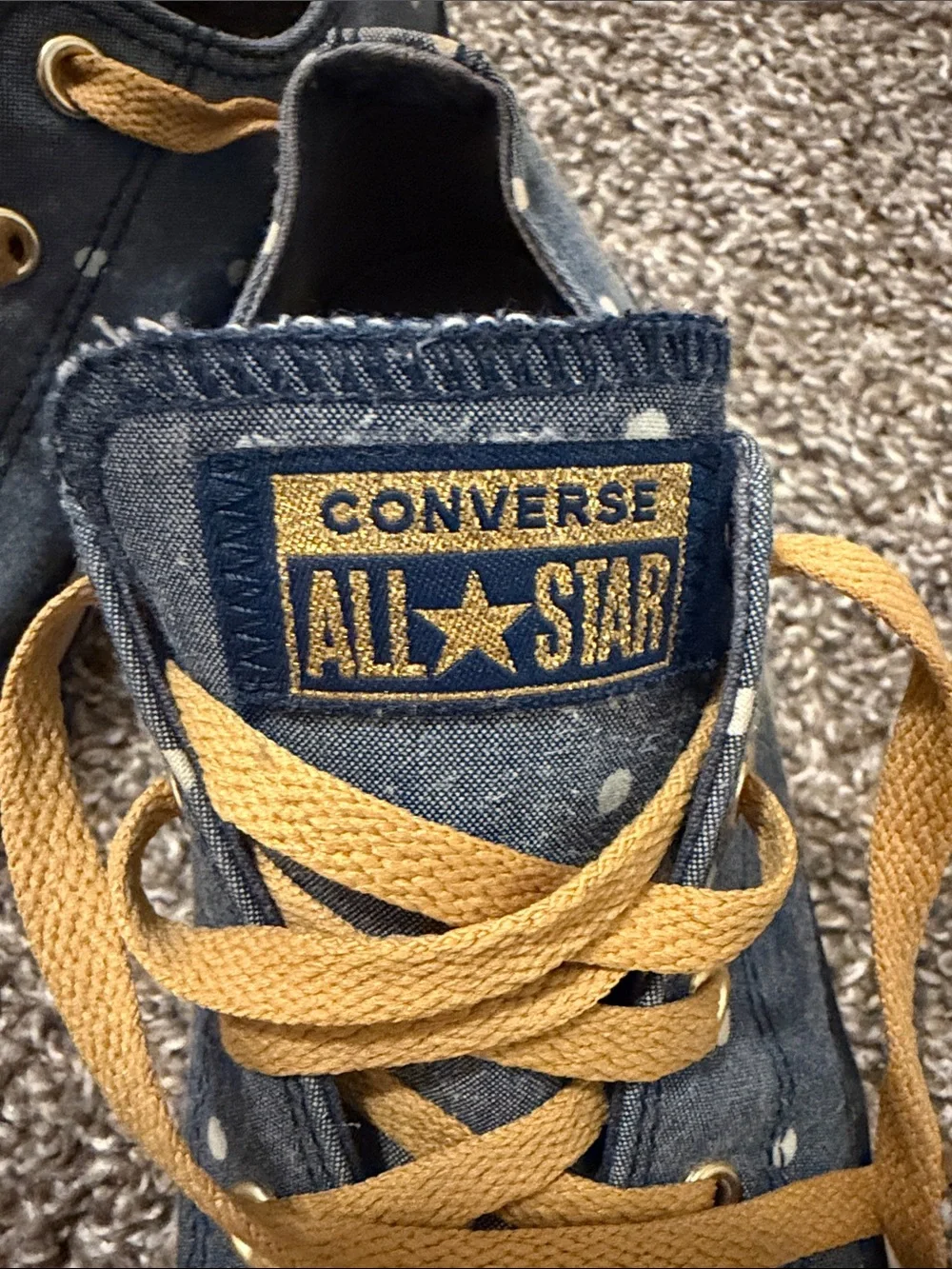 Converse Kids Navy Polka Dot Sneakers with Mustard Laces
